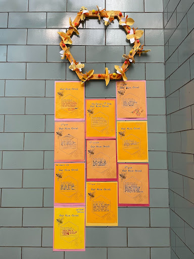 Picture of a yellow hexagon with lists of classroom goals under it