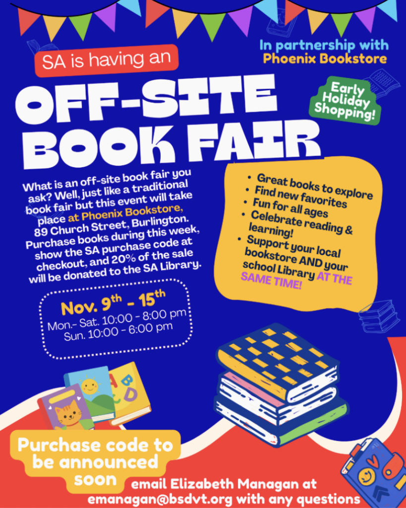 Poster of the off-site book fair at Phoenix Bookstore for SA families.